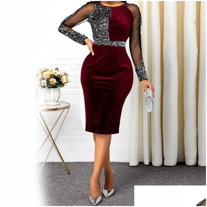 Basic & Casual Dresses Y Women See Through Sheer Long Sleeve Shiny Sequin Office Party Bodycon Dress Midi Robe Femme Elegant Vestidos Dh0Cy