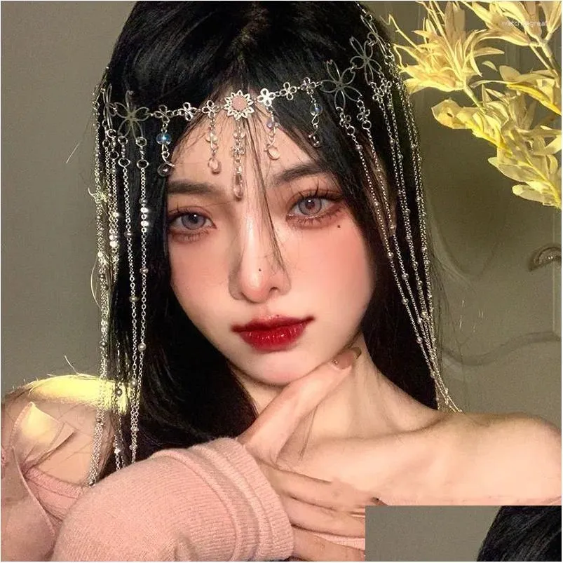 Hair Clips 3Style Long Tassel Forehead Veil Chain Face Curtain Retro Luxury Water Drop Fairy Women Hanfu Party Cosplay Headdress