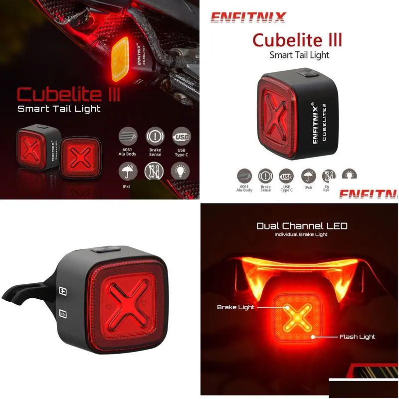 Bike Lights Enfitnix Cubelite III Smart Tail Light Bicycle Brake Warning Ultra Bright Rear USB Charge LED Night 230907