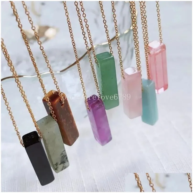 Small Stick Rectangle Tag Rose Quartz Crystal Choker Necklace for Women Blue Quartz Kyanite Green Malachite Purple Crystal Necklaces