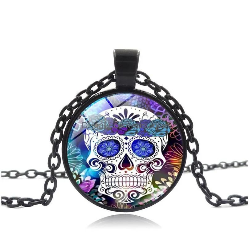 Pendant Necklaces Classic Mexican Sugar Skl For Women Men Flower Skeleton Glass Cabochon Chains Day Of The Dead Holiday Jewelry Drop D Dh2Db