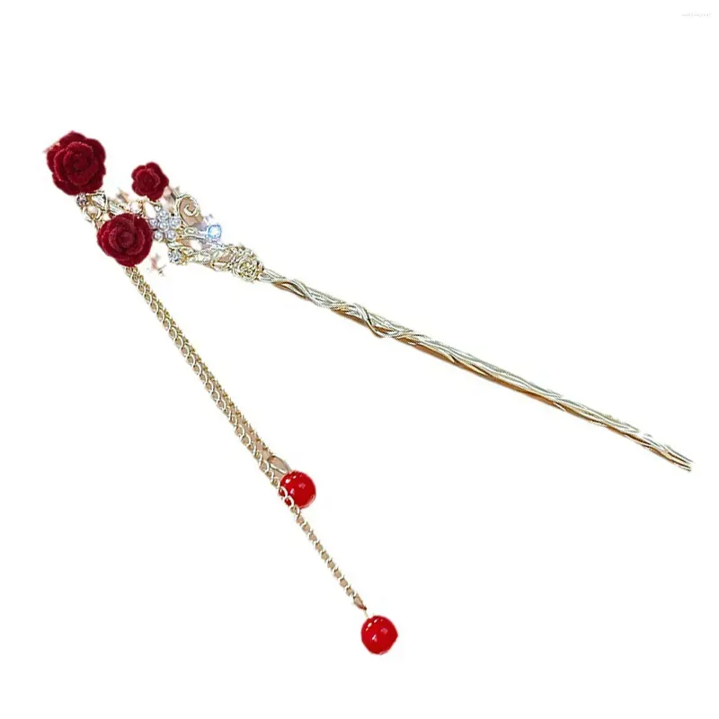 Hair Clips Chinese Flower Sticks Vintage Tassel Chignon Rhinestone Flocked Stick Gift For Birthday Christmas