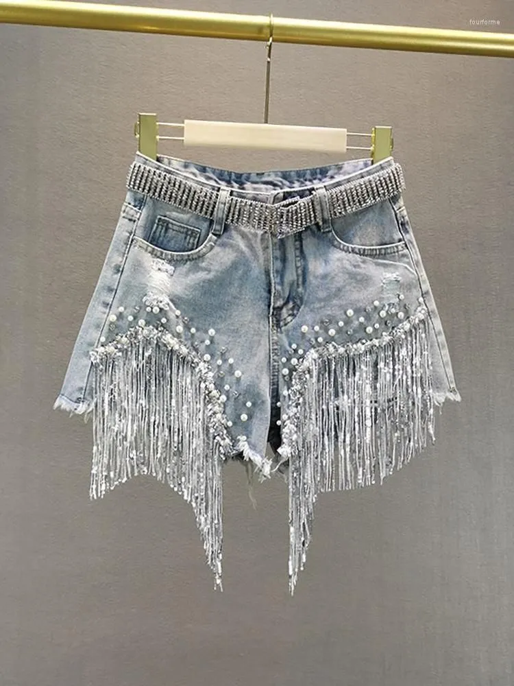 Women`s Jeans 2023 Spring Summer Denim Shorts For Women European High Waist Slim Bottom Ripped Beaded Fringed Wide Leg Short Pants
