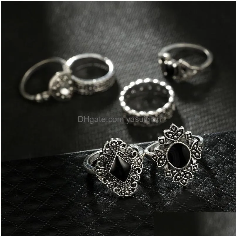 Cluster Rings 9 Styles Bohemian Midi Knuckle Finger Set For Women Vintage Retro Sier Lotus Flower Crowncrystal Geometric Ring Female Dhxr3