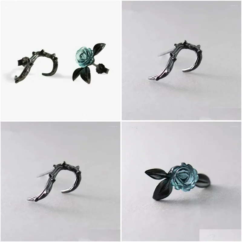 Stud Earrings Retro Gothic Thorn Rose Asymmetric Fashion Girl Blue Body Penetrating Charm Lady Nightclub Party Jewelry