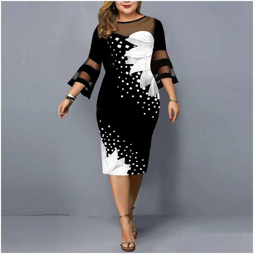 Plus Size Dresses Womens Casual Flower Print Mesh Work Midi Lace 3/4 Sleeve Party Summer Dress For Wedding Clothing Drop Delivery App Dhmyn