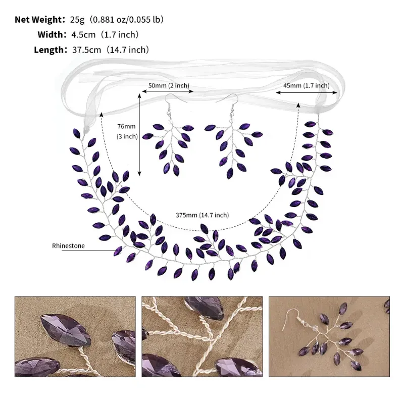 Hair Clips Green Purple Crystal Hairbands Earrings Wedding Jewelry Set Accessories Handmade Head Decoration Tiara Headbands