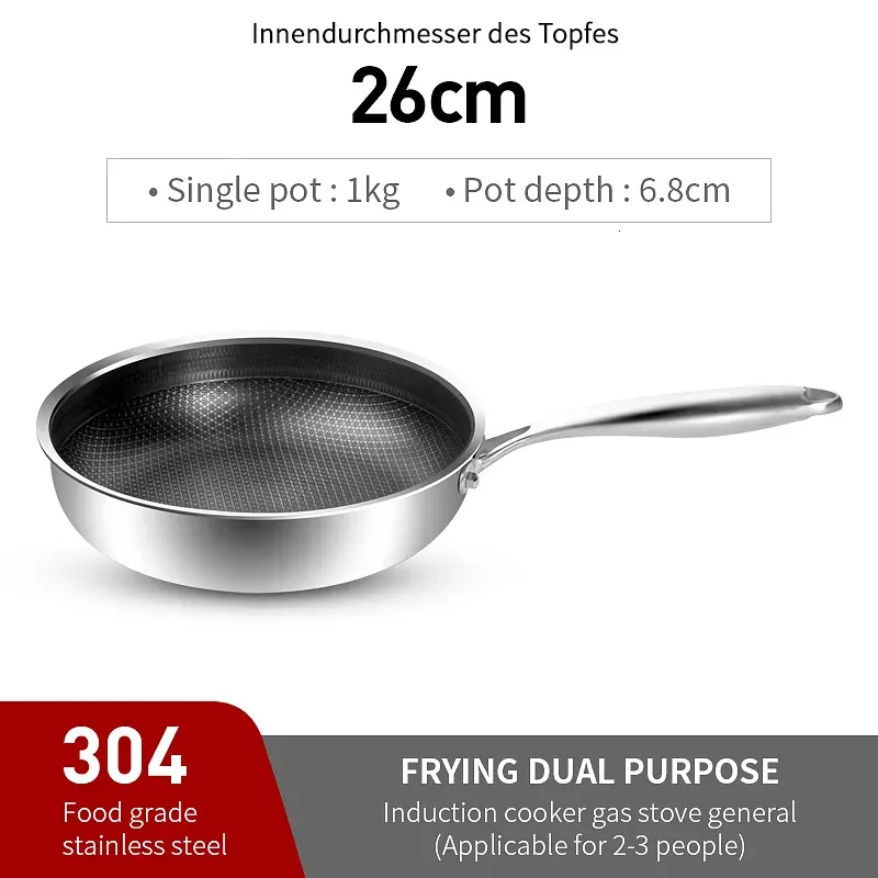 Pans 2026CM Frying Pan Food Grade 304 Stainless Steel Non Stick Pan Honeycomb Pot Bottom Induction Cooker Gas Stove General Wok 230605