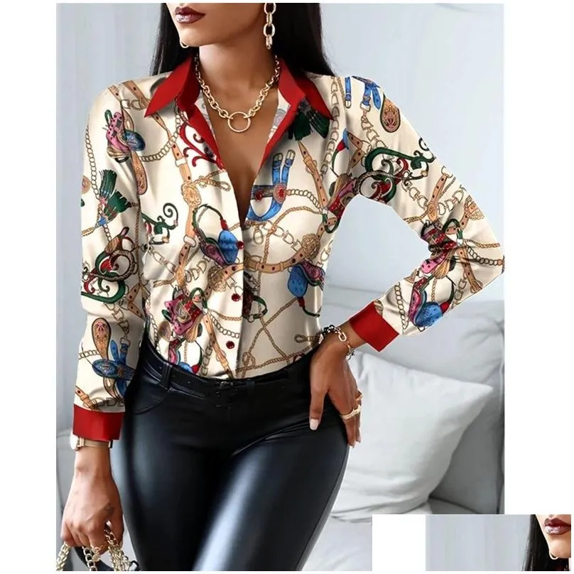 Women`S Blouses & Shirts Fashion Trend Women Slim V-Neck Shirt Y Contrast Color Long-Sleeved Top High-Waist Tight-Fitting Printing Sp Dhozy