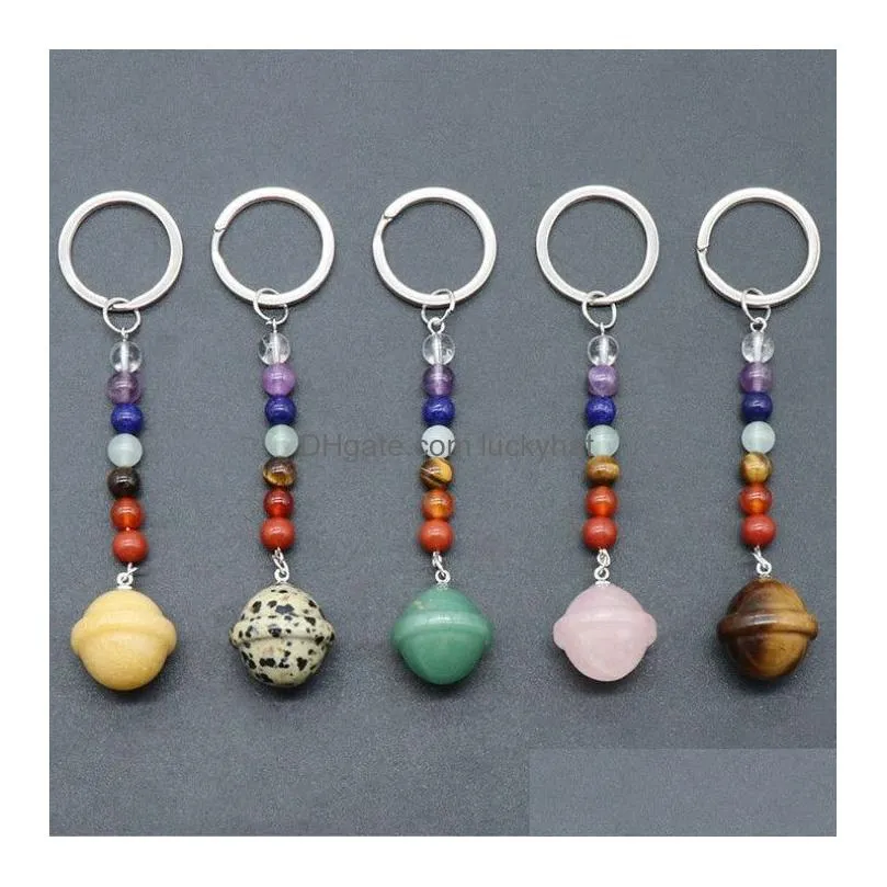 Key Rings Planets Statue 7 Chakra Beads Chains Stone Carved Charms Keychains Healing Crystal Keyrings For Women Men Christmas Gift Dr Dhiho