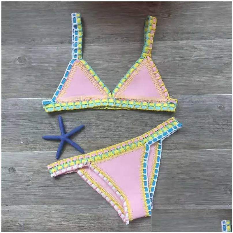 Crochet Swimwear for Female Knitted Swimsuits Neoprene Bikini Beachwear Boho Style Swimsuit Two Pieces Bathng Suits 220226323w217L