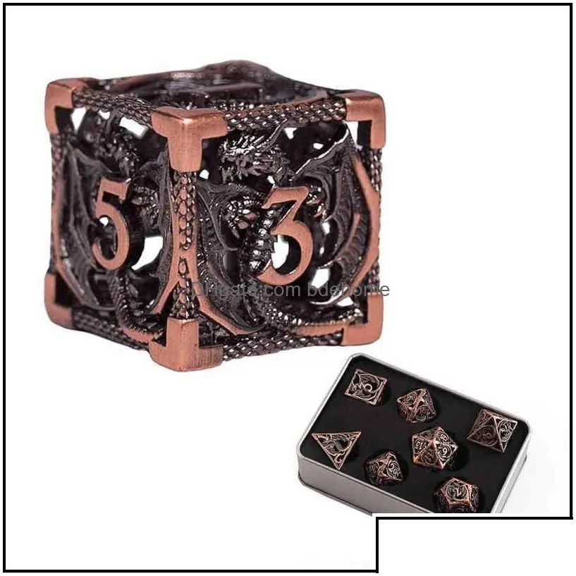 Outdoor Games Activities Leisure Sports Outdoors 7Pcs Pure Copper Hollow Metal Dice Set DD Polyhedral For Dnd Dungeons And Dragons3328