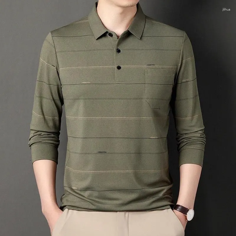 Men`s Polos Striped Polo Shirts Luxury Long Sleeve Spring And Autumn Solid Color Business Casual Male 3XL