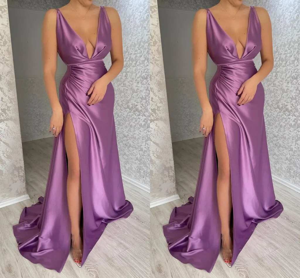 Sexy Purple Plus Size Mermaid Prom Dresses Long for Women V Neck Draped Sweep Train High Side Split Formal Occasions Wear Birthday Celebrity Pageant Evening Gowns