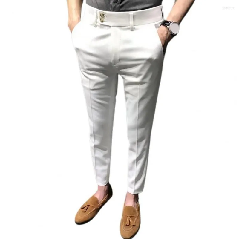 Men`s Suits Chic Ninth Trousers Office Gentle Close-fitting Super Breathable Mid Waist Men Suit Pants