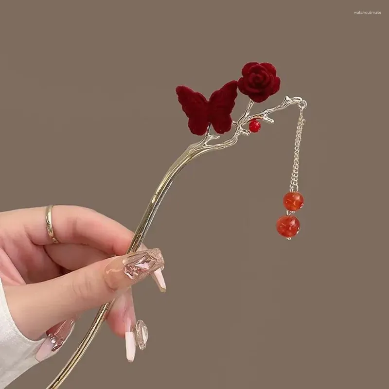 Hair Clips Flocked Butterfly Rose Stick Cheongsam Hanfu Sticks For Buns Chinese Red Headwear Flower Tassel Handmade Hairpin