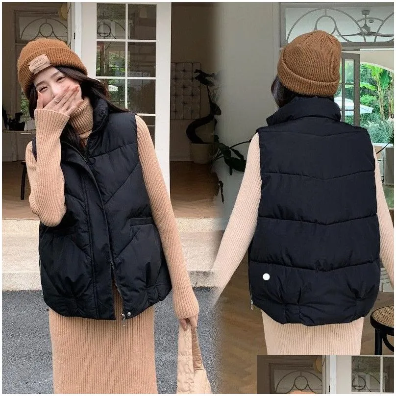 LL Women`s Yoga Suit Cotton Vest 2023 Autumn/Winter New Stand up Collar Small Fragrance Sleeveless Cotton Coat Tank Top Wearing Vest