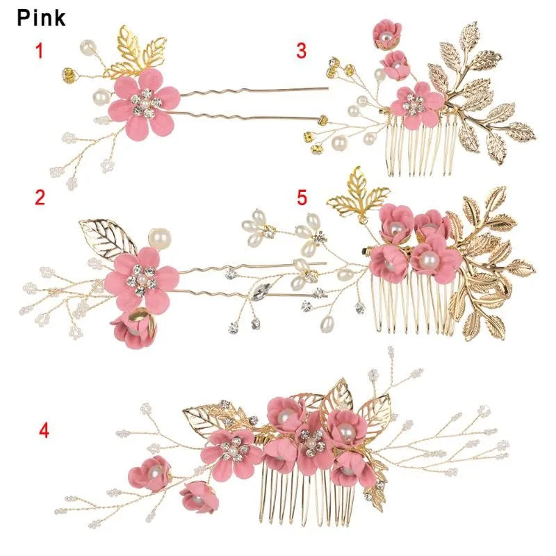 Hair Clips & Barrettes Sweet Bridal Wedding Pins Luxury Blue Pink Flower Combs Headdress Prom Accessories Gold Leaves JewelryHair