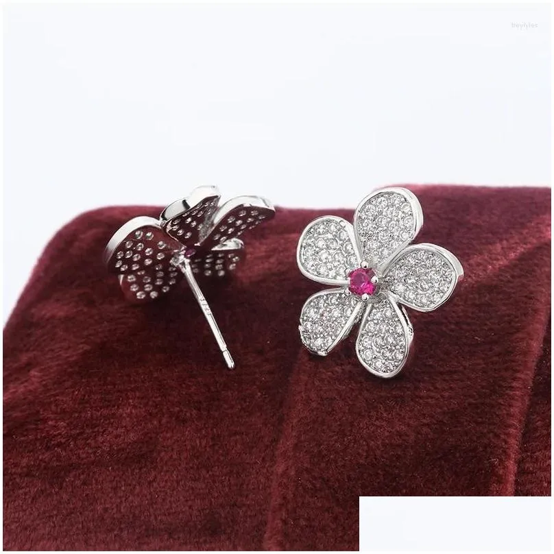 Stud Earrings High Quality White Zircon Platinum Pink Fl Flower For Women Wedding Party Engagement Jewelry Gift Drop Delivery Otqks