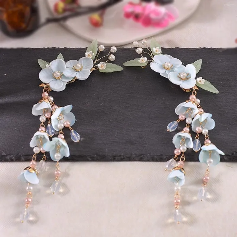 Hair Clips 2pcs Silk Flower Pearl Pink Blue Hairpin Chinese Hanfu Dress Vintage Kids Fringe Tiaras Classic Beads Jewelry