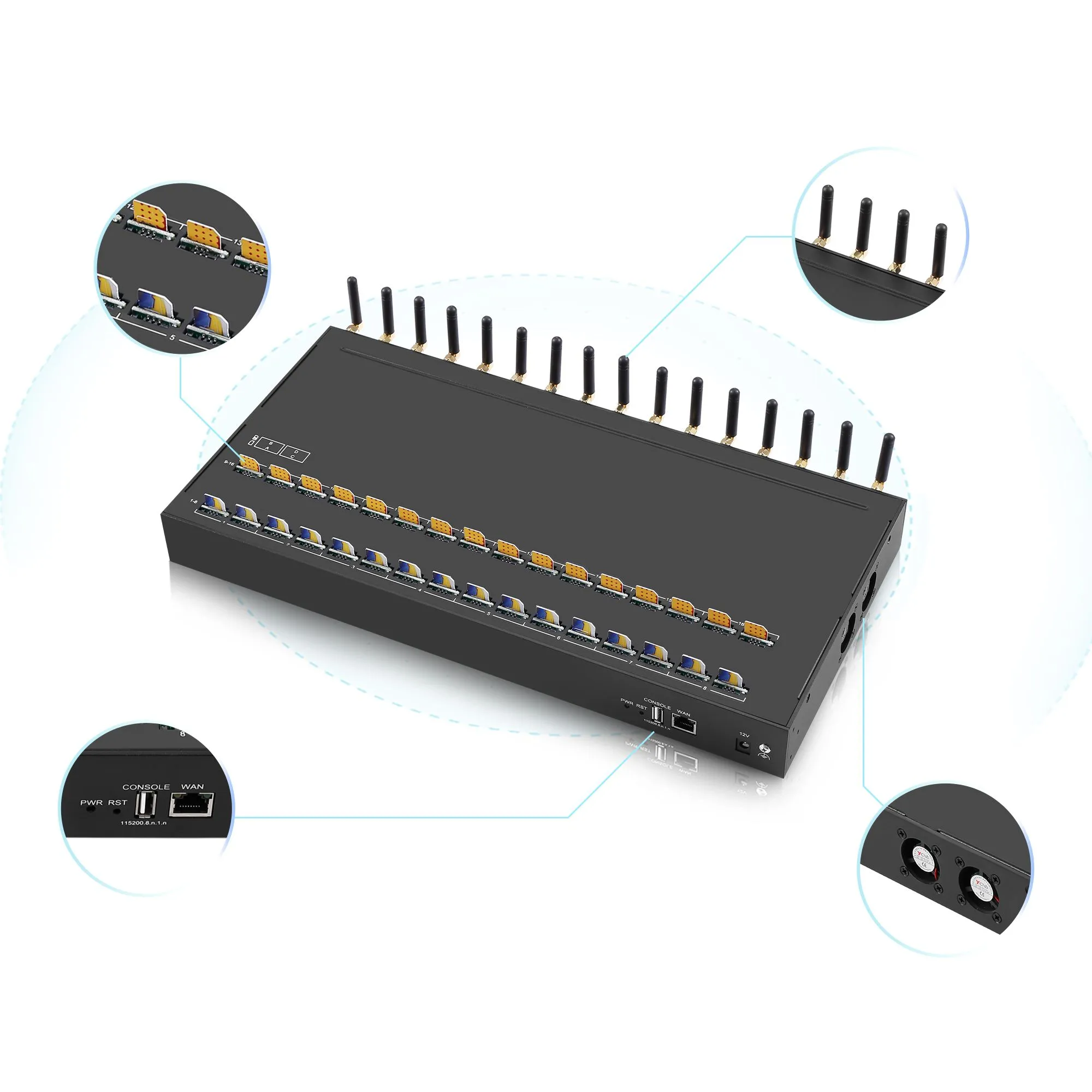 4G Lte 16 Antenna Channel 128 sims slots High Gain Signal Wireless Modem Support SMPP Http API Data Analysis And SMS Notification