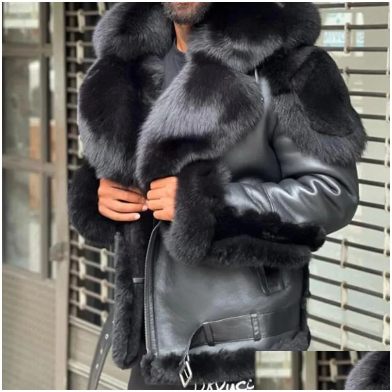 Men`S Fur & Faux Mens Leather Winter Jacket Thicken Veet Collar Hooded Zipper Color Block Work Fashion Red Men Drop Delivery Apparel C Dhbxn