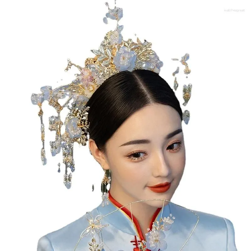 Hair Clips Blue Xiuhe Clothing Headwear Bride`s Phoenix Crown Colored Glass Chinese Wedding Accessories Atmospheric Tassels