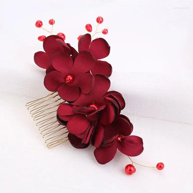 Hair Clips Bride Comb Ornaments Red Flower Handmade Wedding Headdress Exquisite Beautiful Elegant Women Lady Bridal