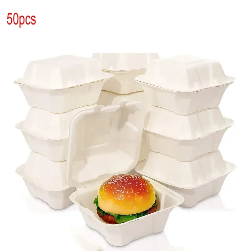 Take Out Containers 50 Pcs Disposable Bento Box Sugarcane Fiber Compostable Food Container 6 Inch Hamburger Microwave Universal