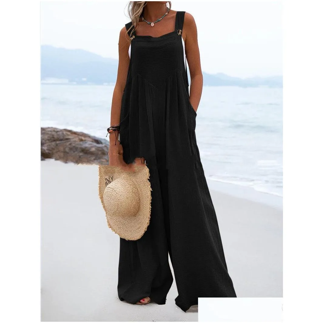Women`S Jumpsuits & Rompers Designer New Woman Solid Strap Wide Leg Pants Pockets Romper Casual Summer Sleeveless Fashion Loose Dunga Dhkct