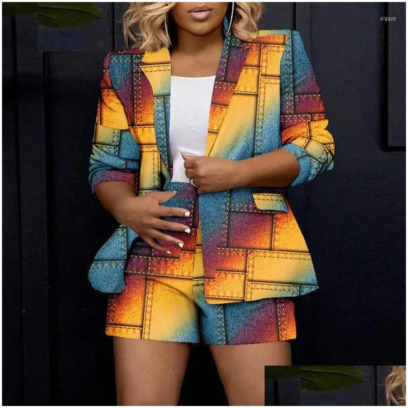 Women`S Tracksuits Womens Autumn Printing Two Piece Set Women Causal Long Sleeve Blazer Shorts Suit Office Lady Fashion Outfit Drop D Dhkrk