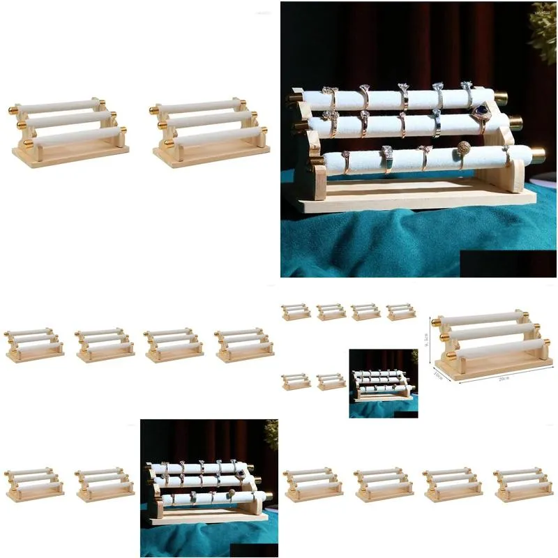 Jewelry Pouches 2X 3-Tier Wooden Display Stand Ring Holder T-Bar Showcase And Organizer White