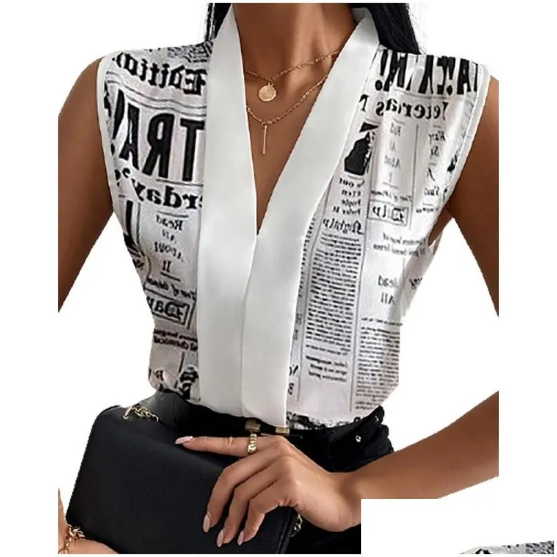 Women`S Blouses & Shirts Womens Women Summer Fashion Female Top Nespaper Print V Neck Long Sleevless Casual Blouse Tops Drop Delivery Dhbux