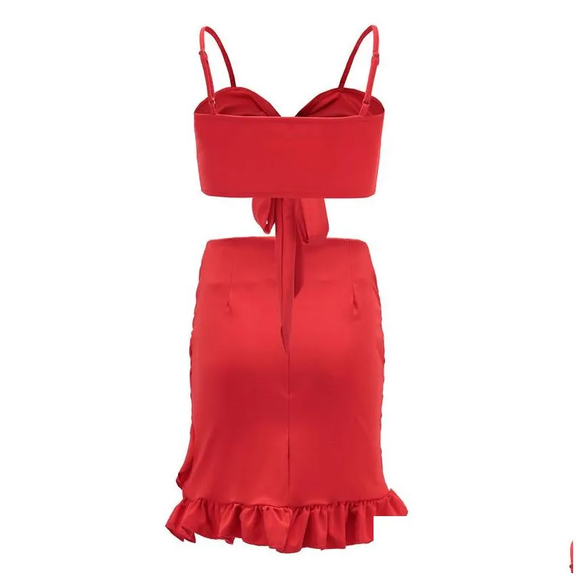 Basic & Casual Dresses Two Pieces Set Women Ruffles Bow Beach Summer Dress Red Off Shoder Y Club Bodycon Wrap Mini Drop Delivery Appa Dhjbm