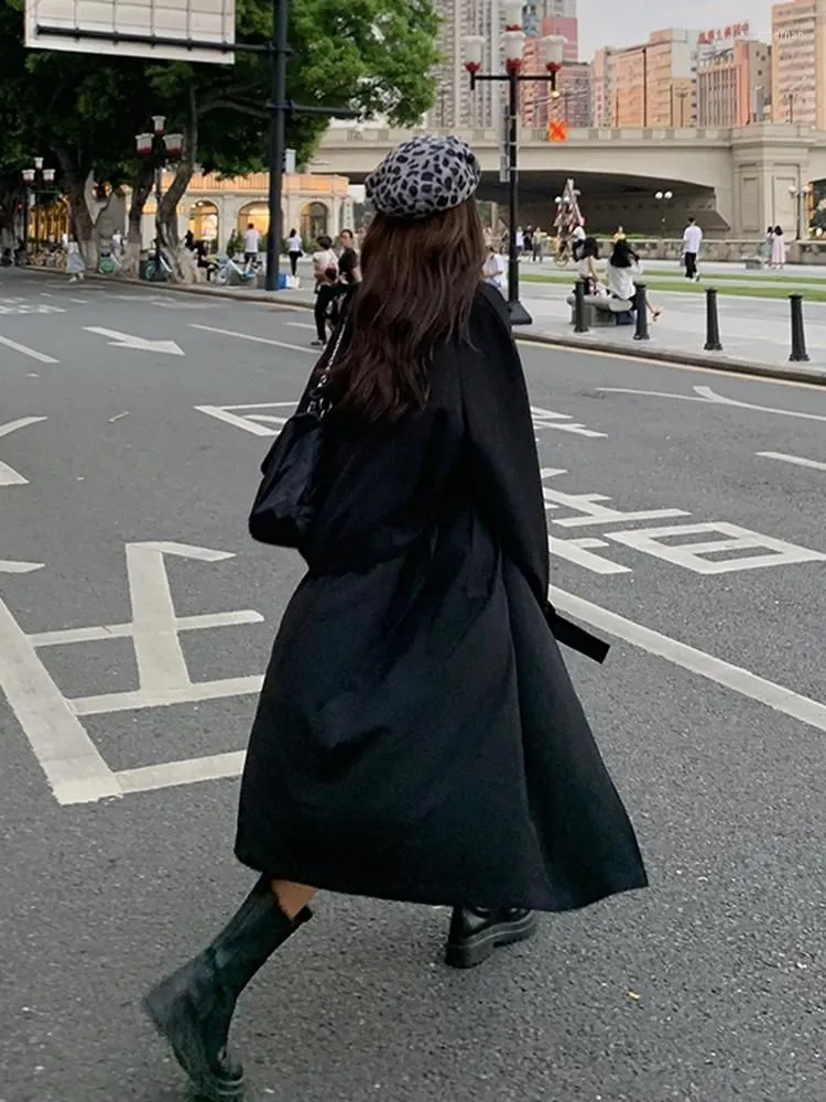 Women`s Trench Coats Harajuku Style Black Long Women Coat With Belt Autumn Winter Turn Down Collar Women`s Appliques Windbreaker