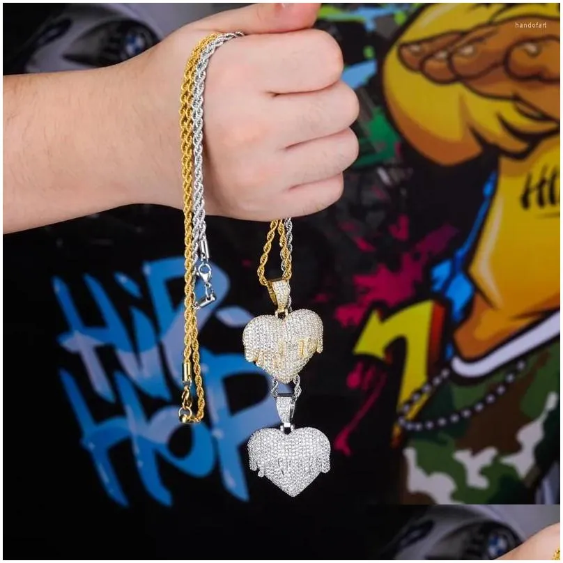 Pendant Necklaces Hip Hop Cubic Zirconia Paved Bling Iced Out Melting Heart Lover Pendants Necklace For Women Men Rapper Jewelry