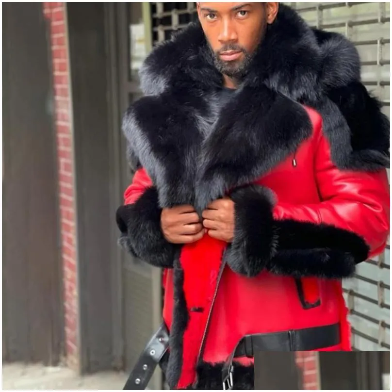 Men`S Fur & Faux Mens Leather Winter Jacket Thicken Veet Collar Hooded Zipper Color Block Work Fashion Red Men Drop Delivery Apparel C Dhbxn