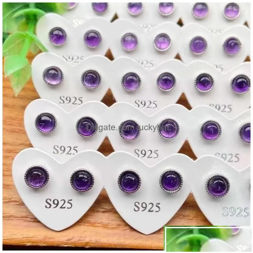 Stud Earrings 1 Pair Natural Amethyst Round For Women Healing Crystal Gem Elegant Party Jewelry Gift Drop Delivery Dh8Mb
