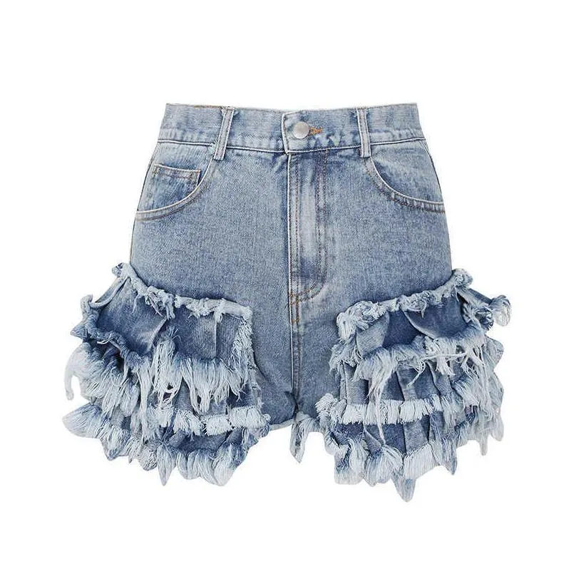 Women`S Shorts Chicever Casual Blue For Women High Waist Work Ruffles Pockets Asmmetrical Slim Short Pant Female Summer 210719 Drop D Dhzbg