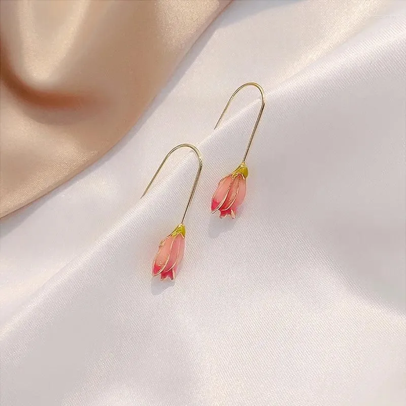 Dangle Earrings Korea Cute Pink Tulip Drop For Women 2024 Metal Flower Hanging Statement Party Jewelry Pendientes Mujer