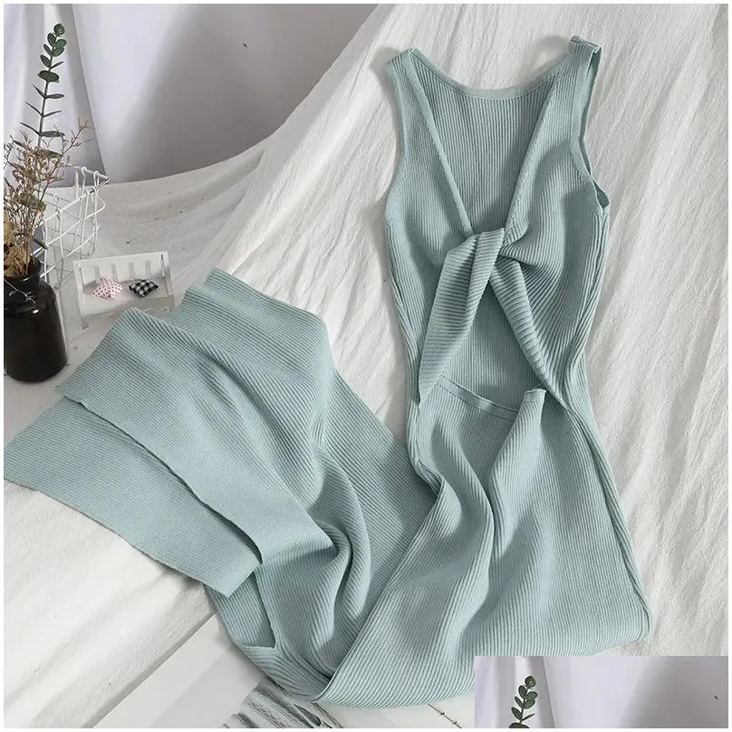 OCEANLOVE Korean Knitted Robe Femme Summer V Neck Sleeveless Kink Hollow Out Sexy Slim Bodycon Dress Split Fork Long Vestidos