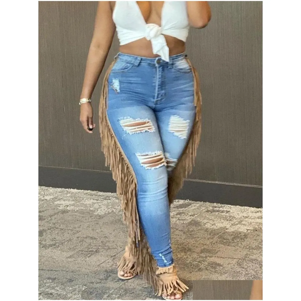 Women`S Plus Size Pants Lw Summer Jeans Tassel Design Ripped Skinny Ladies Y2K High Street Cargo Pants240318 Drop Delivery Apparel Otqo0