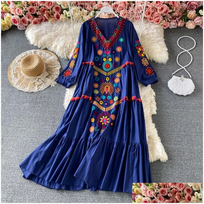 Basic & Casual Dresses Vintage Chic Women Floral Embroidery Beach Bohemian Mini Dress Ladies Short Sleeve V Neck Cotton And Linen Boh Dhvej