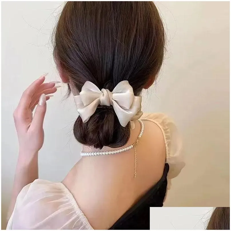 Hair Clips & Barrettes Pearlescent Mesh Bow Clasp Clip High Horsetail Fixed Ornament New Elegant Ball Headwear Drop Delivery Jewelry Ott2C
