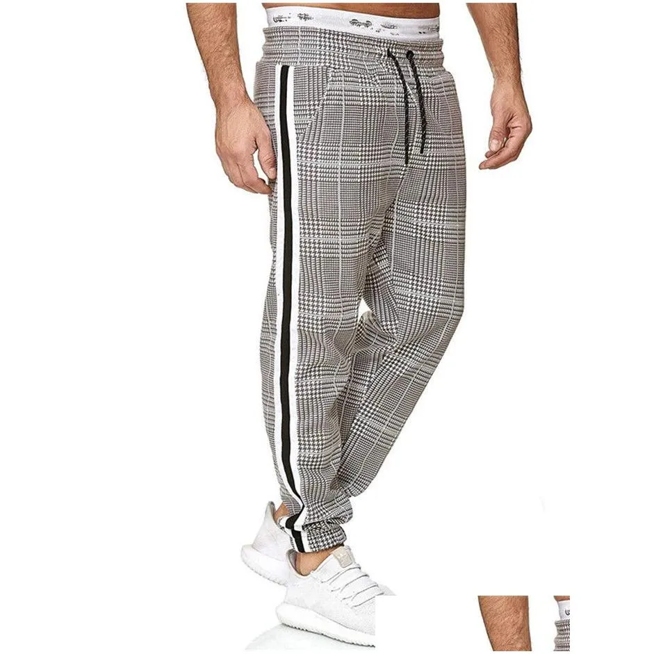 Men`S Pants New Mens Houndstooth Print Male Side Stripes Color Matching Slim Fit Sweatpants Joggers Track Overalls Drop Delivery Appa Dhmyi