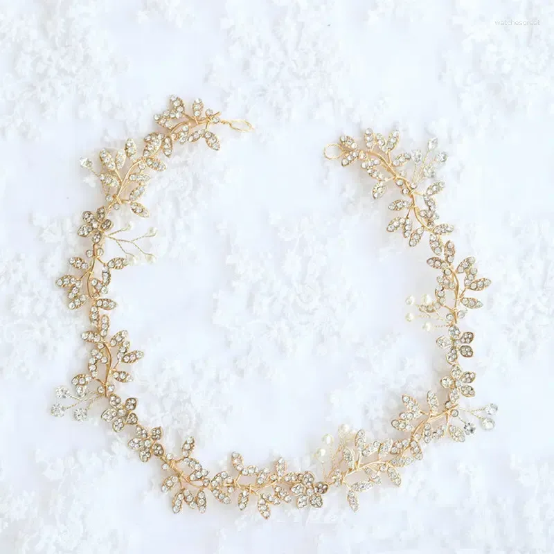 Hair Clips Shiny Rhinestone Flower Bridal Headband Gold Color Leaf Band Vine Wedding Headpiece Jewelry