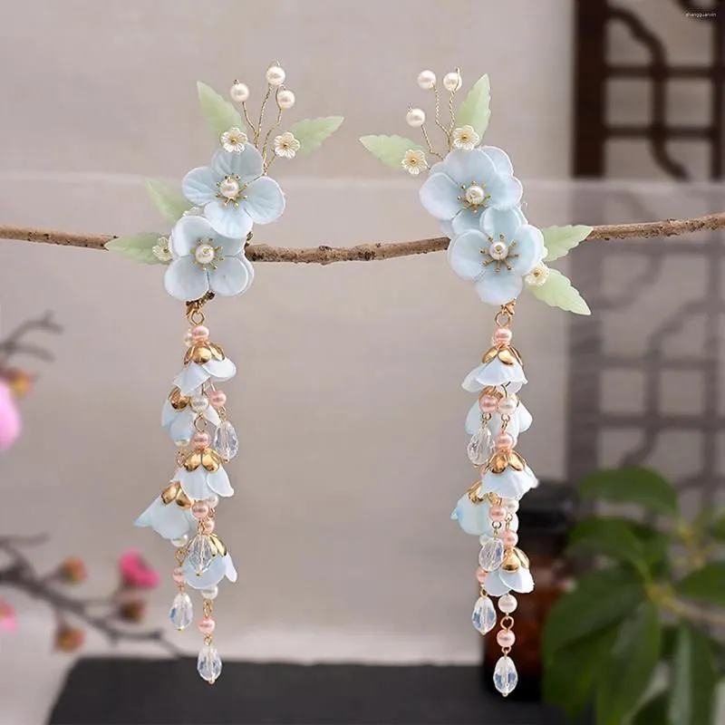 Hair Clips 2pcs Silk Flower Pearl Pink Blue Hairpin Chinese Hanfu Dress Vintage Kids Fringe Tiaras Classic Beads Jewelry