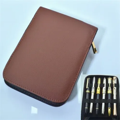 wholesale Promotion zipper Black / brown PU leather pen bags for all pen convenient pencil case