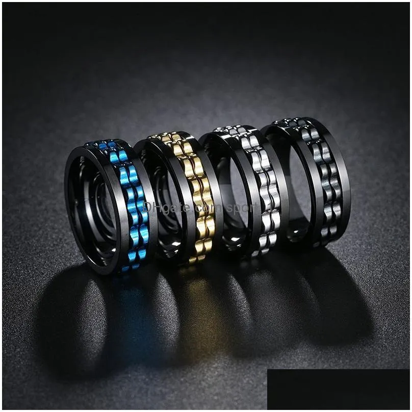 Band Rings Punk Gear Rotating Anxiety Fidget Ring Titanium Steel Chain Spinner For Men Rock Biker Wedding Party Jewelry 8Mm Drop Deli Dhdkw