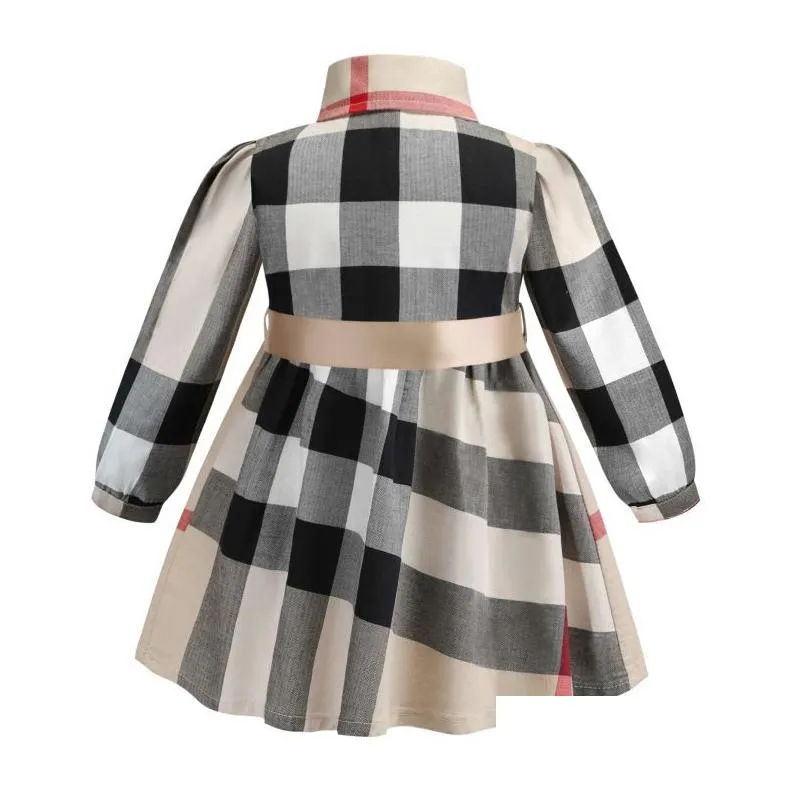 Baby Girls Plaid Cotton Dress Kids Lapel Long Sleeve Pleated Skirt Children Casual Clothing Kids College Clothes BH6